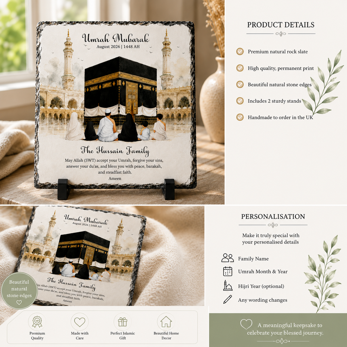 Personalised Umrah Mubarak Rock Slate | Umrah Return Gift | Islamic Keepsake Plaque | Muslim Gift | Kaabah Slate | Custom Umrah Gift | Family Gift