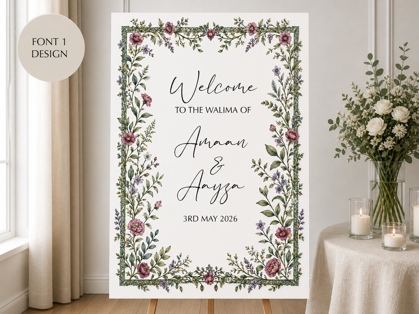 Personalised Wedding Sign | Foam Board Sign | A1 A2 Foam Board | Wedding Signage | Floral Pink | 5mm Thick Foam Board | Custom Wedding Sign | Walima Sign