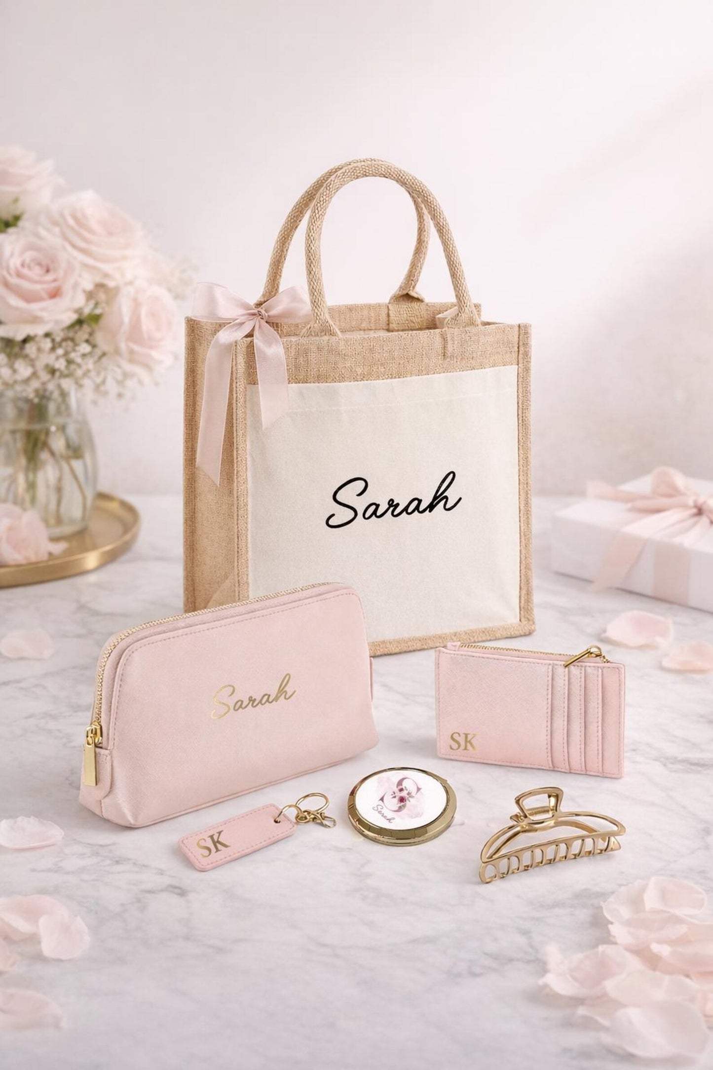 Personalised Gift Set for Her – Custom Tote Bag, Makeup Bag & Accessories Gift for Her