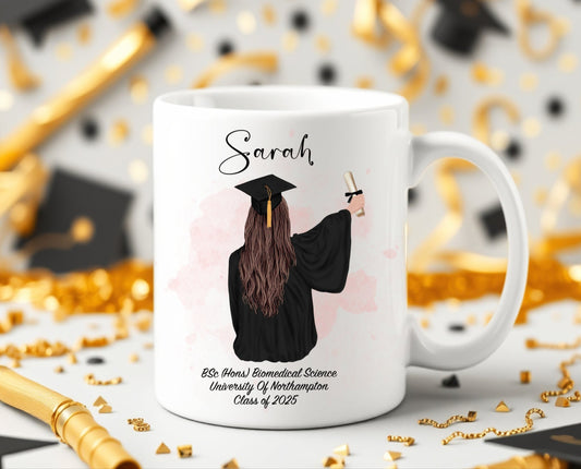 Graduation-themed mug with a personalised design on a decorative background with confetti and graduation hats.