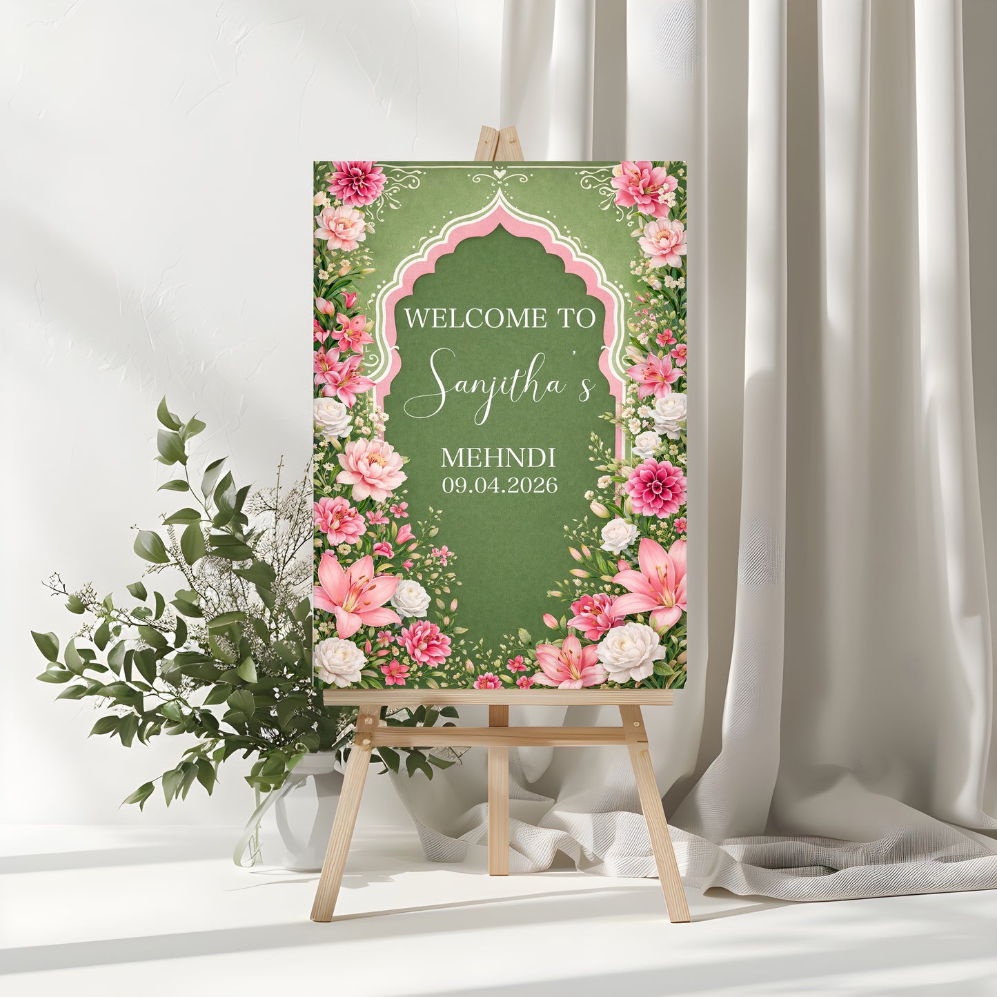 Personalised Mehendi Sign | Foam Board Sign | A1 A2 Foam Board | Mehendi Signage | Floral Pink  & green| 5mm Thick Foam Board | Custom Wedding Sign