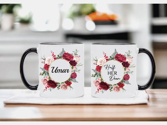 NEW Personalised Half her Deen (Husband) and Half his Deen (Wife) Mug set RED FLORAL FRAME