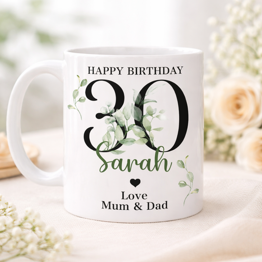 Personalised Birthday Mug Any Age | Custom Name Mug | Double Sided Print | Floral Birthday Gift | Gift for Her | Custom Age Mug