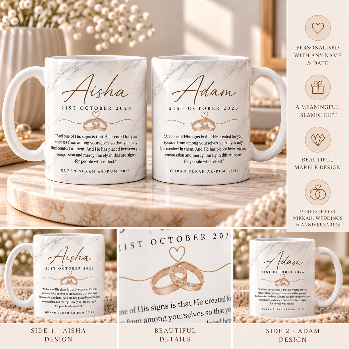 Personalised Islamic Wedding Mug | Nikkah Mubarak Gift | Quran 30:21 Couple Mug |