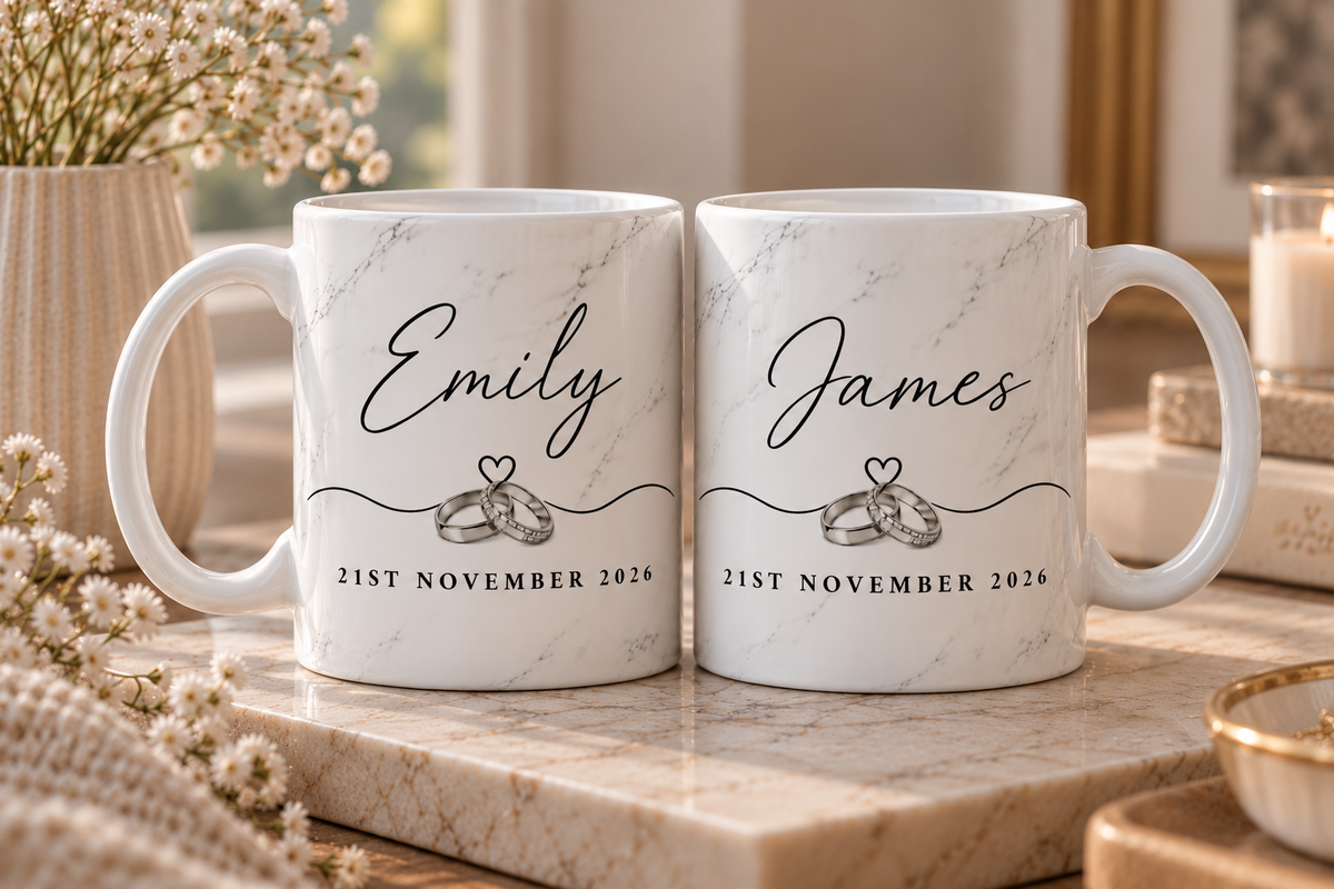 Personalised Wedding Mugs | Couple Name Mugs | Marble Effect Engagement Gift | Wedding Keepsake Set of 2