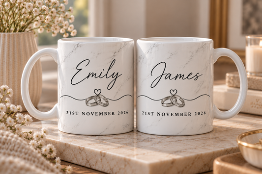 Personalised Wedding Mugs | Couple Name Mugs | Marble Effect Engagement Gift | Wedding Keepsake Set of 2