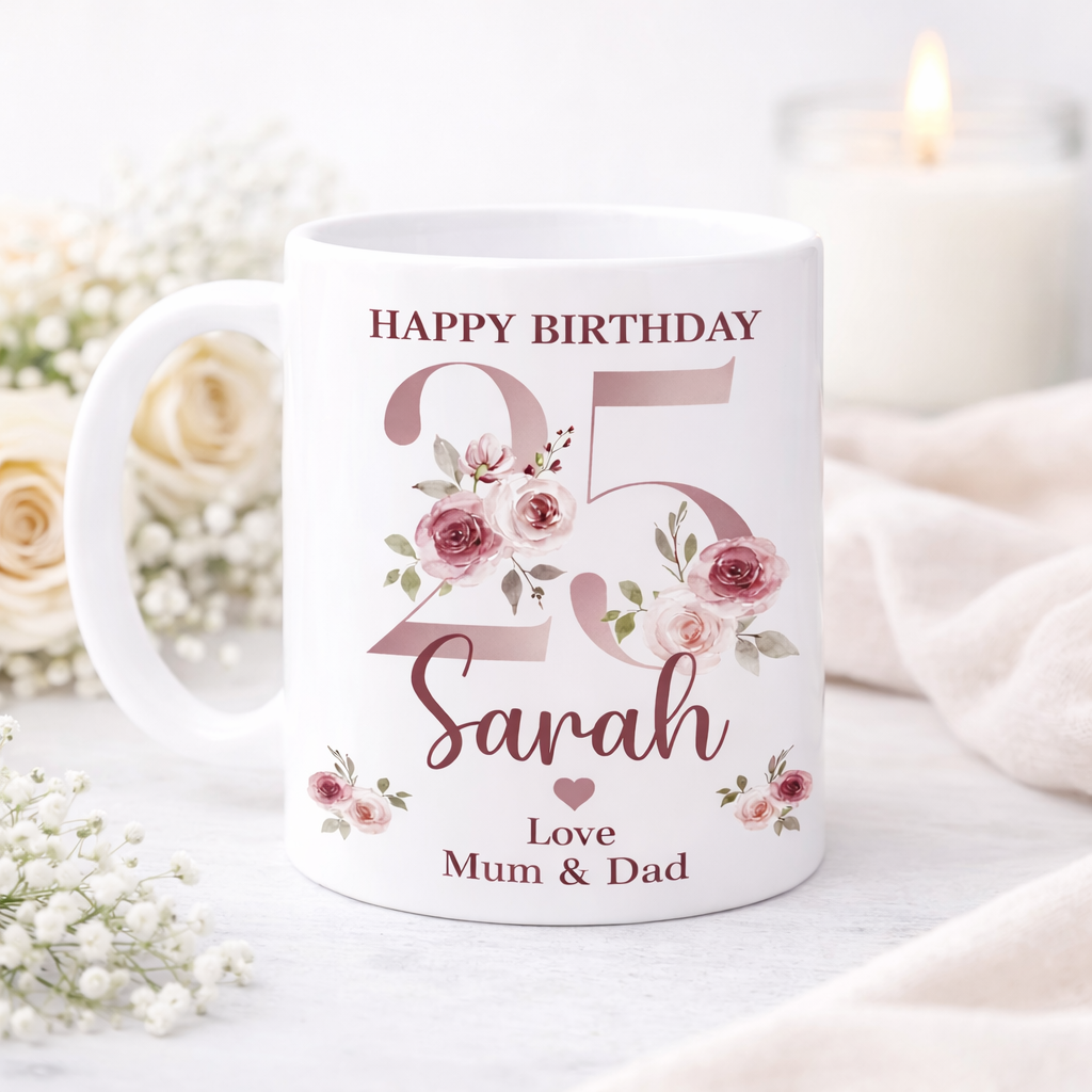 Personalised Birthday Mug Any Age | Custom Name Mug | Double Sided Print | Floral Birthday Gift | Gift for Her | Custom Age Mug