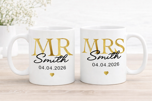 Personalised Mr & Mrs Mug Set | Wedding Gift Mug | Custom Name Date Mug | Bride Groom Gift | Anniversary Gift | Couples Coffee Mug | Couples Gift set