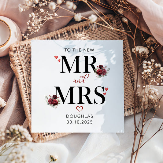 To the New Mr & Mrs Card | Personalised Wedding Card | Floral Red Alphabet | 6x6 Square White Card | Anniversary or Engagement |