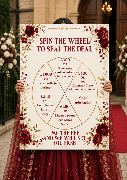 Spin the Wheel Gate Sign | Grooms Entrance Sign | Red and Gold Theme Spin the Wheel