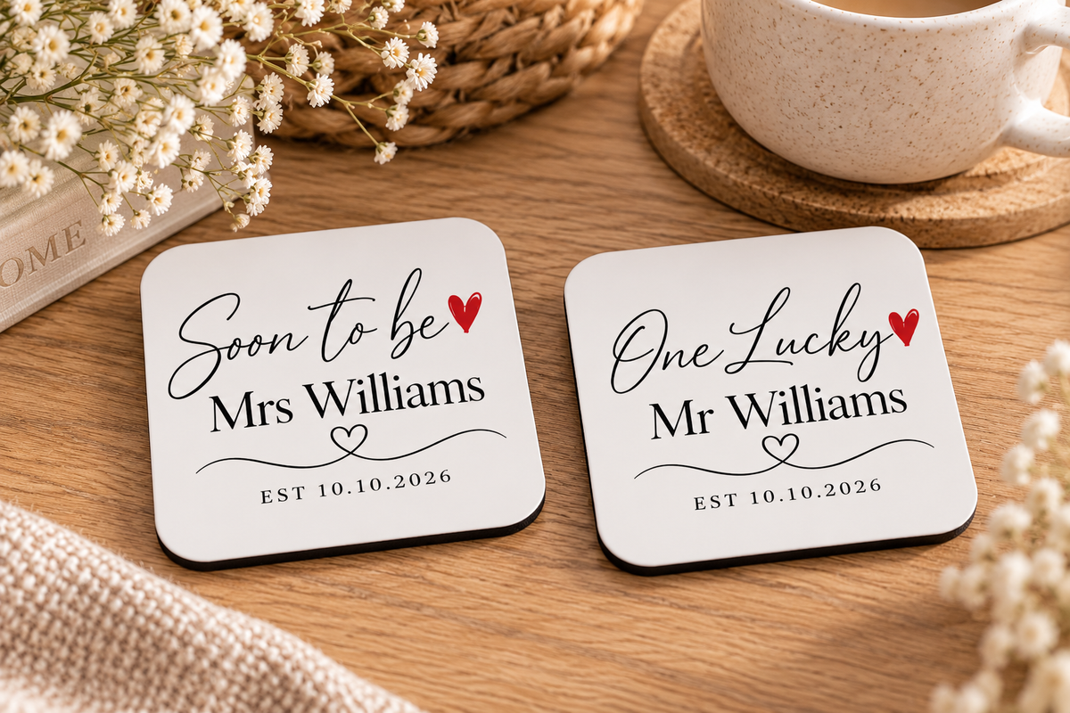 Personalised Engagement Mug Set | Soon To Be Mrs & One Lucky Mr | Matching Couple Mugs | Engagement Gift for Couples | EST Date Mugs