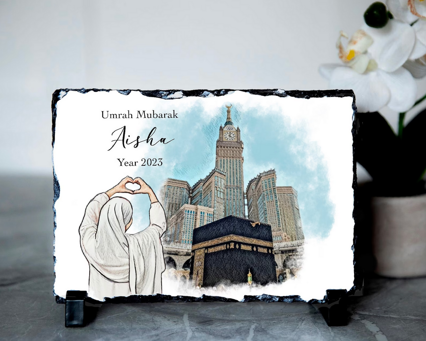 Personalised Islamic Kaabah Umrah Mubarak Slate For Her Gift