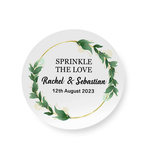Personalised sprinkle the love Confetti Stickers | Printed Stickers | Eucalyptus Floral | 4cm Sticker Matt label| Wedding confetti stickers