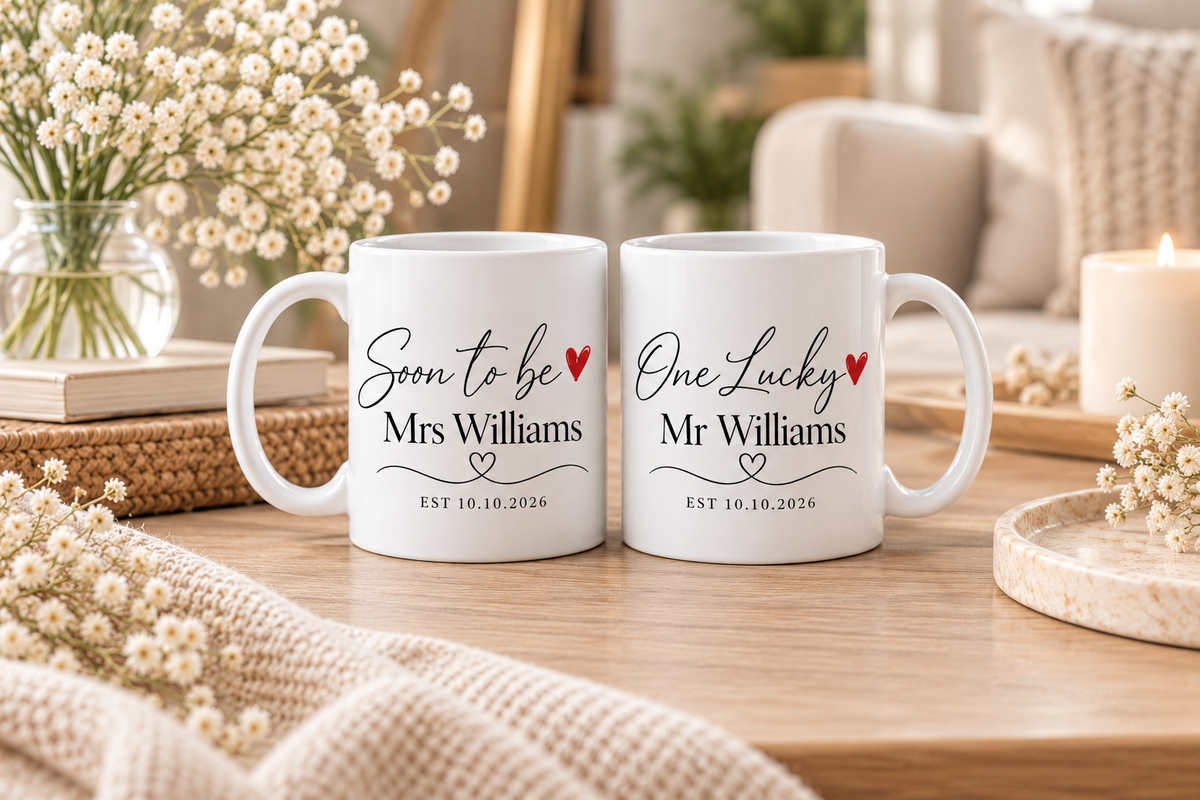 Personalised Engagement Mug Set | Soon To Be Mrs & One Lucky Mr | Matching Couple Mugs | Engagement Gift for Couples | EST Date Mugs