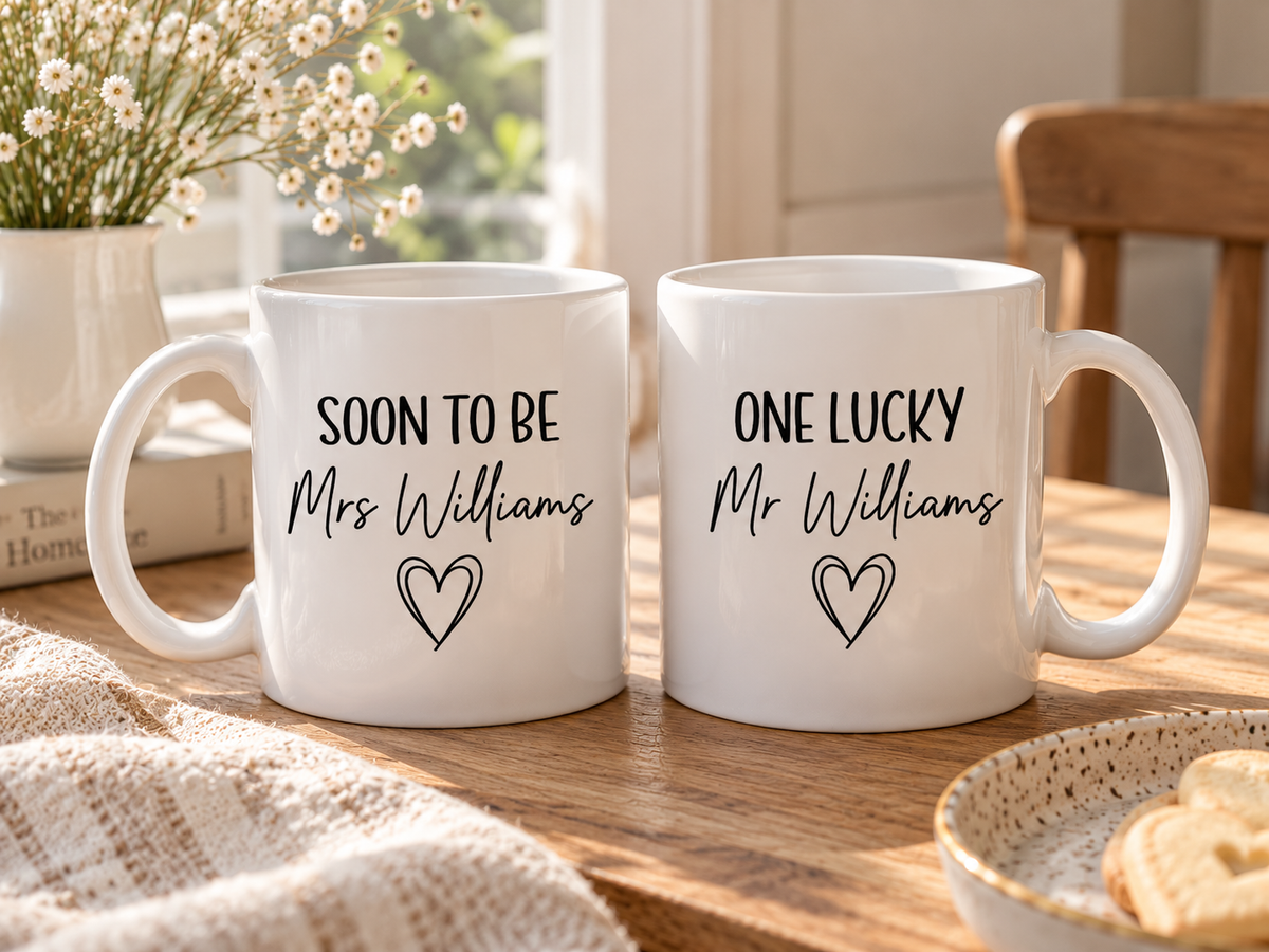 Personalised Engagement Mug Set | Soon To Be Mrs & One Lucky Mr | Matching Couple Mugs | Engagement Gift for Couples | EST Date Mugs (Copy)