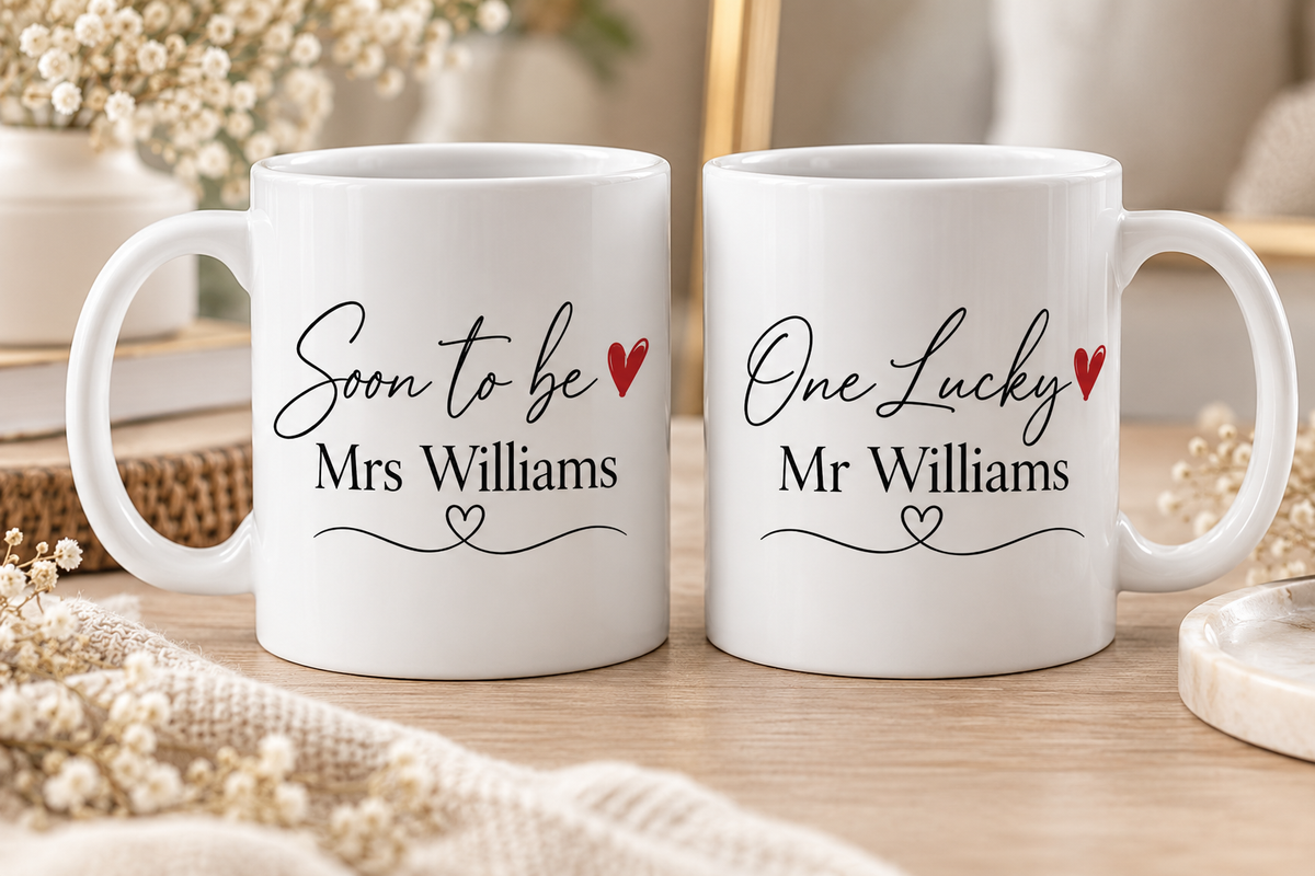 Personalised Engagement Mug Set | Soon To Be Mrs & One Lucky Mr | Matching Couple Mugs | Engagement Gift for Couples | EST Date Mugs