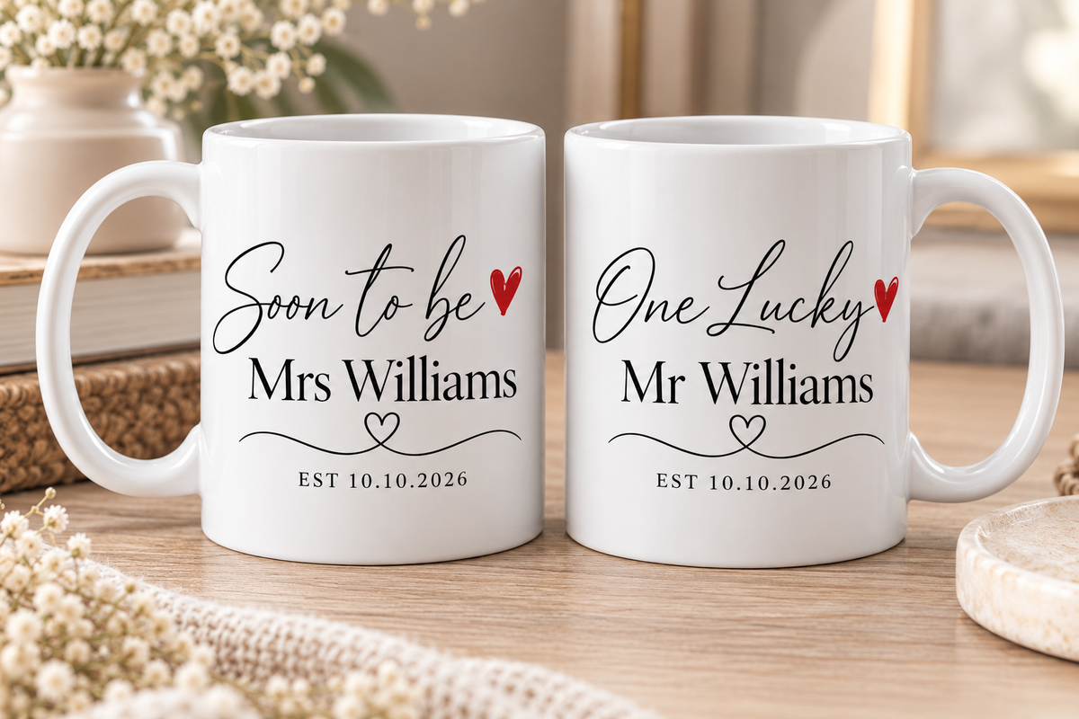 Personalised Engagement Mug Set | Soon To Be Mrs & One Lucky Mr | Matching Couple Mugs | Engagement Gift for Couples | EST Date Mugs