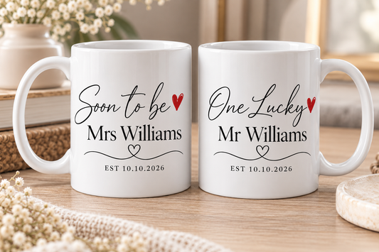 Personalised Engagement Mug Set | Soon To Be Mrs & One Lucky Mr | Matching Couple Mugs | Engagement Gift for Couples | EST Date Mugs