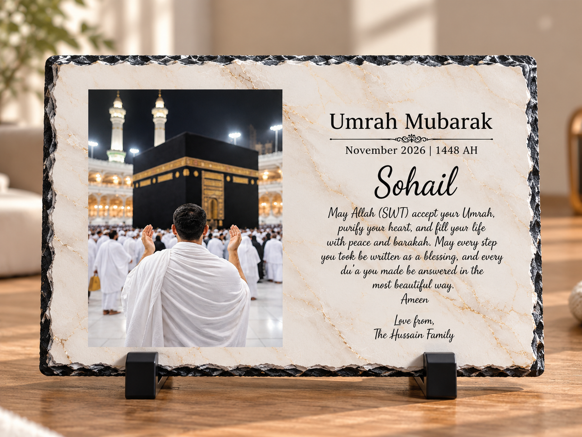 Personalised Umrah Mubarak Rock Slate | Custom Kaaba Gift | Umrah Mubarak Gift for Him | Islamic Keepsake | Umrah Dua Plaque