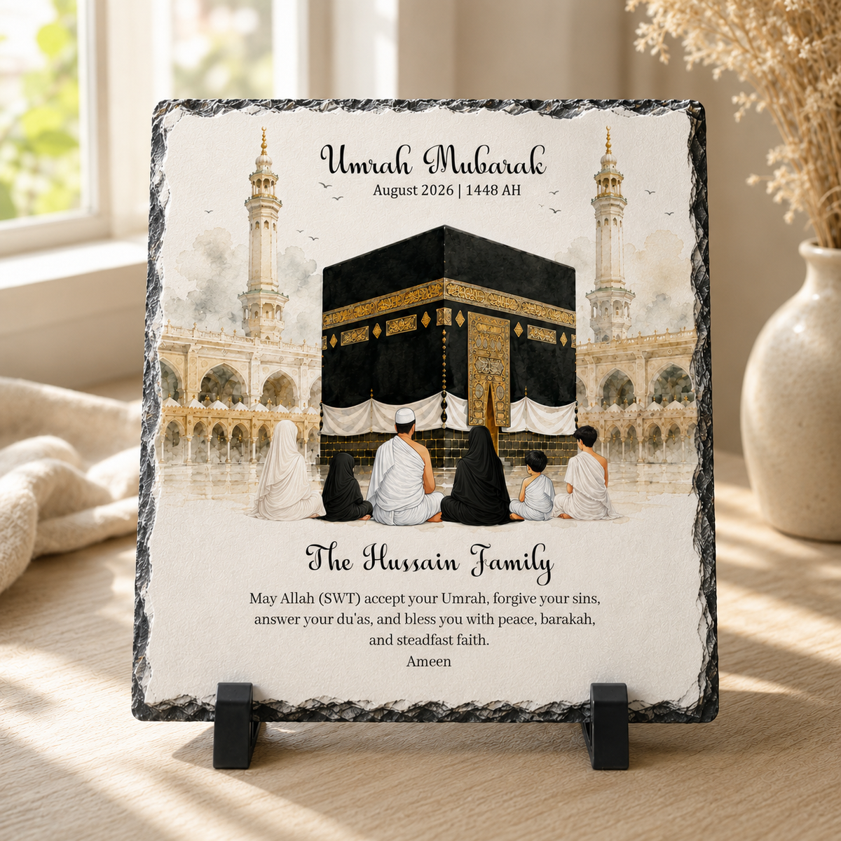 Personalised Umrah Mubarak Rock Slate | Umrah Return Gift | Islamic Keepsake Plaque | Muslim Gift | Kaabah Slate | Custom Umrah Gift | Family Gift