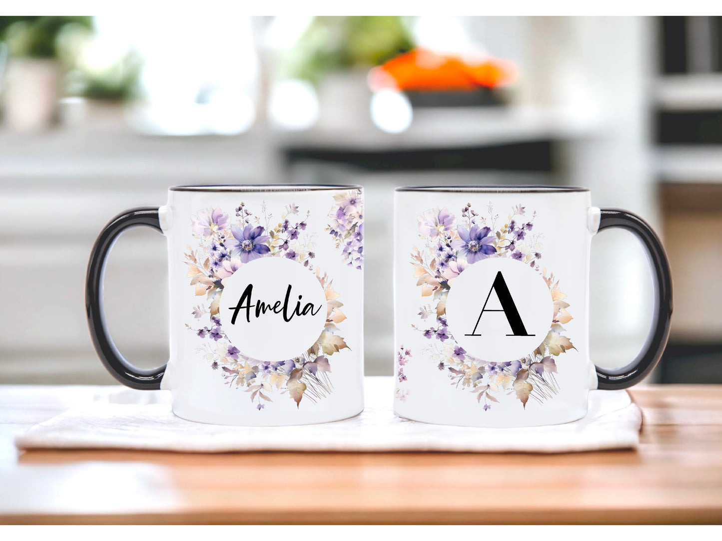 Personalised Mug with Purple Floral Design