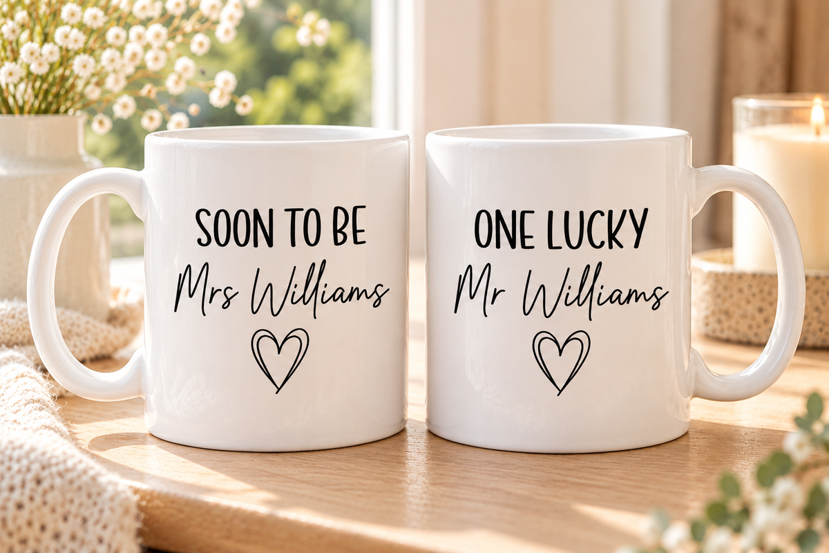 Personalised Engagement Mug Set | Soon To Be Mrs & One Lucky Mr | Matching Couple Mugs | Engagement Gift for Couples | EST Date Mugs (Copy)