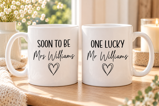 Personalised Engagement Mug Set | Soon To Be Mrs & One Lucky Mr | Matching Couple Mugs | Engagement Gift for Couples | EST Date Mugs (Copy)