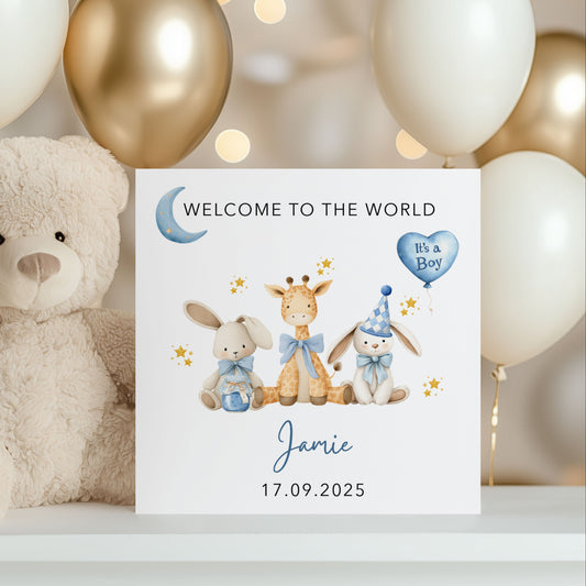 Welcome to the World – It’s a Boy Greeting Card | Personalised Baby Boy Card | Custom First Name & Date | 6x6 New Baby Keepsake