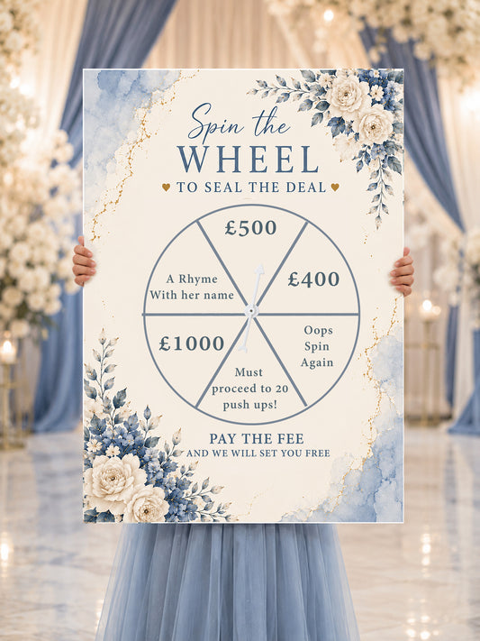 Spin the Wheel Gate Sign  Floral Blue and Cream Gate Sign heart | Grooms Entrance Sign (Copy)