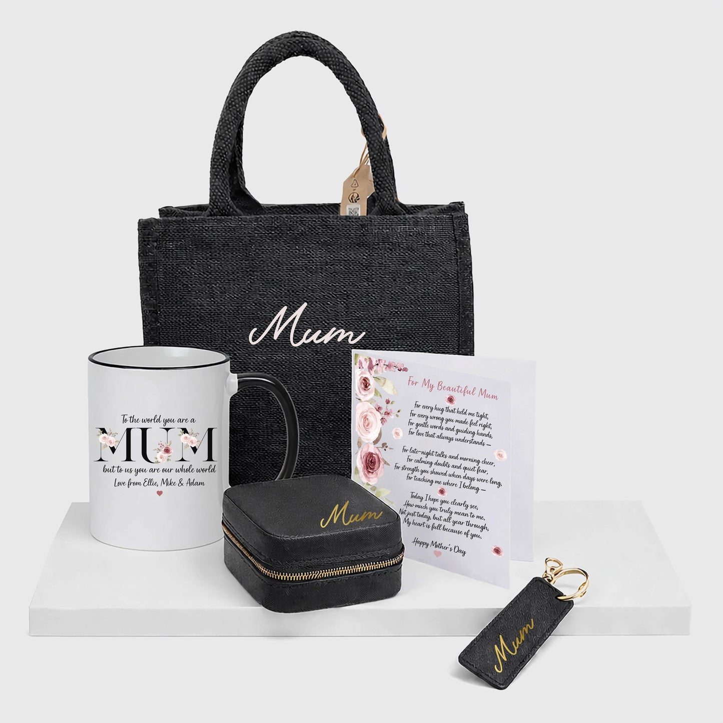 Personalised Mum Gift Set | Custom Mug, Tote Bag, Jewellery Box, Keyring Clip, Personalised Mum Card