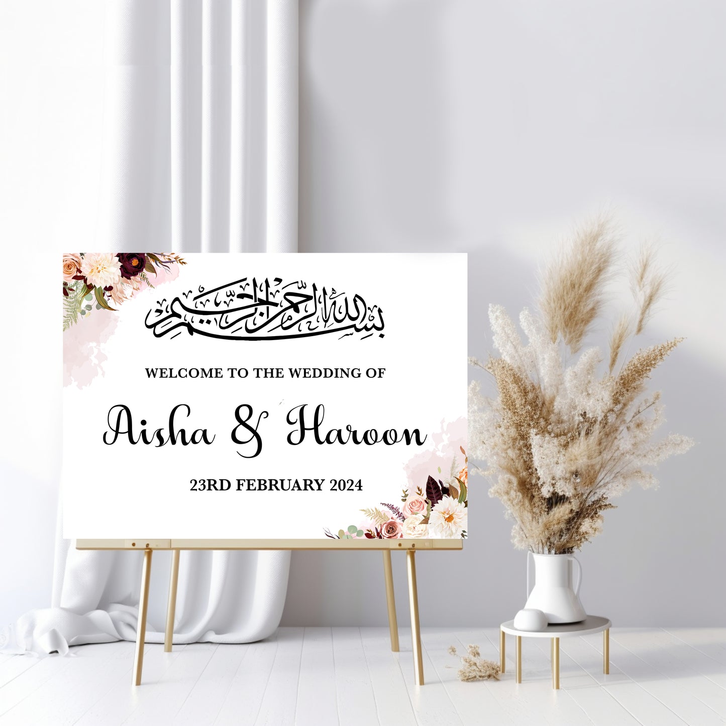 Personalised Bismillah Wedding Sign | Foam Board Sign | A1 A2 Foam Board | Wedding Signage | Floral Pink | Custom Wedding Sign| Lansdcape