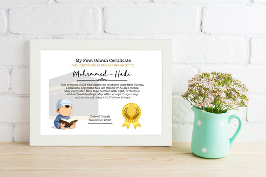 My First Umrah Completion Certificate for Boy – Personalised Islamic Gift | Muslim Kids Keepsake Framed White Frame |
