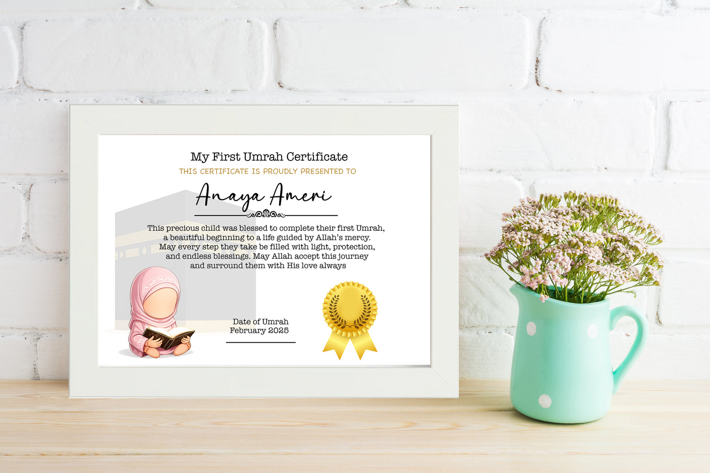 My First Umrah Completion Certificate for Girl – Personalised Islamic Gift | Muslim Kids Keepsake Framed White Frame |