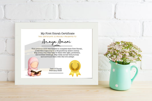 My First Umrah Completion Certificate for Girl – Personalised Islamic Gift | Muslim Kids Keepsake Framed White Frame |