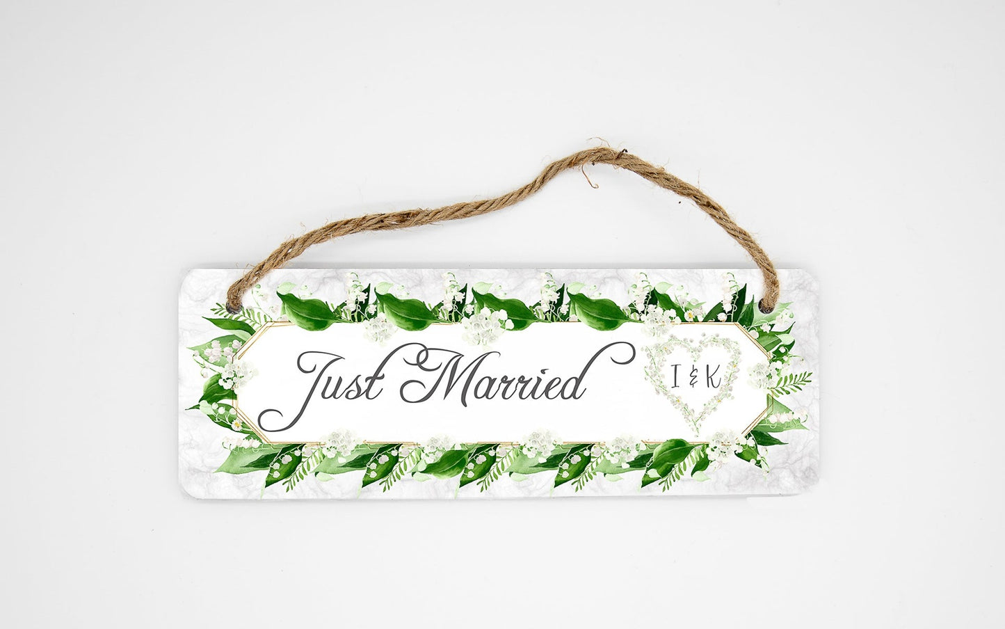 Just Married with initials door sign | Glossy Finish | In Green