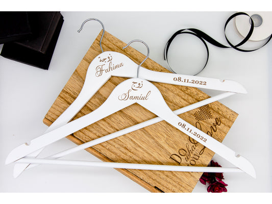 Personalised Wedding Wooden Hanger | Laser Engraved Wedding Gift for Couples | Zawj and Zawjah | Husband & wife in Arabic text |