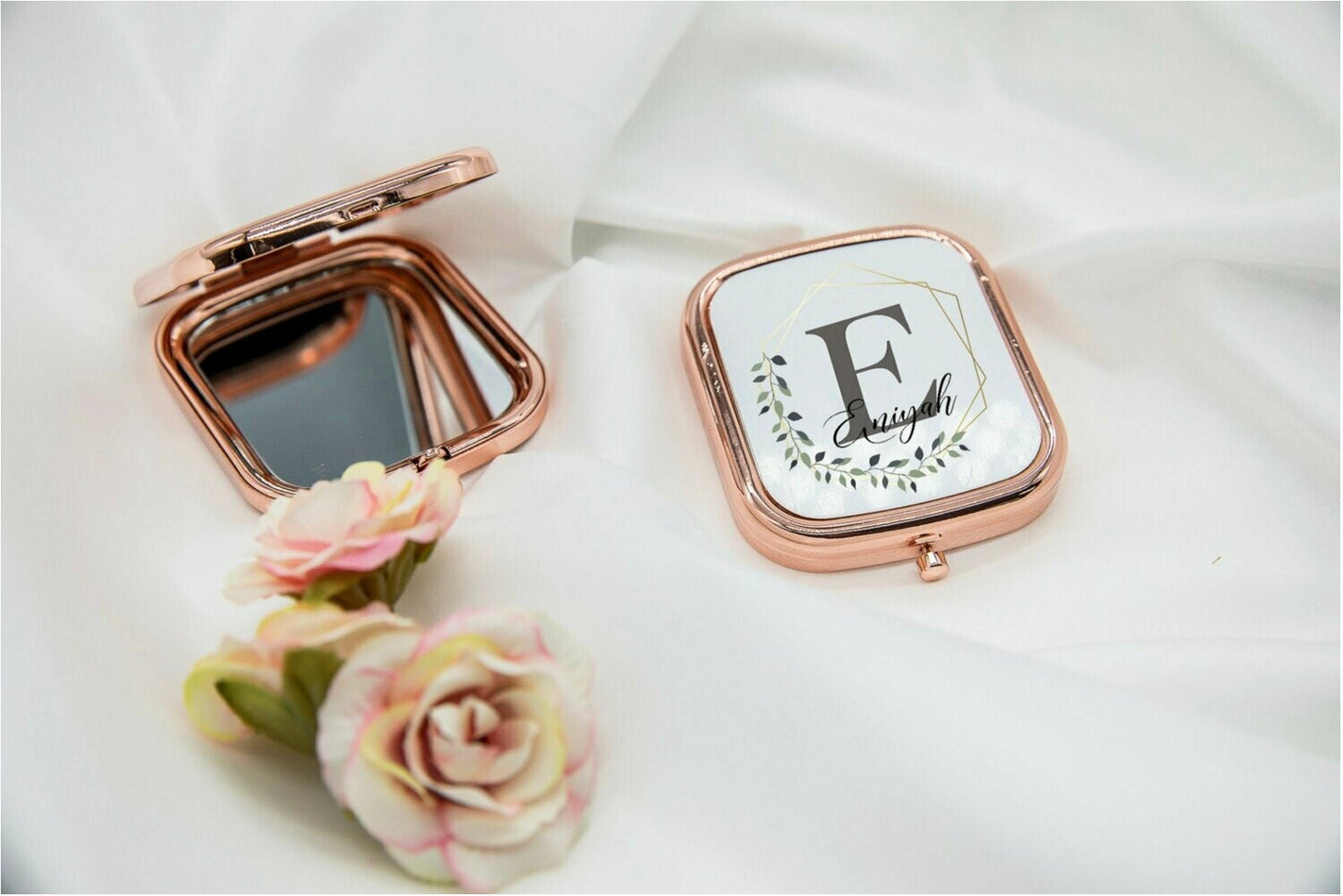 Personalised Initial and Name Rose Gold Square Compact Mirror