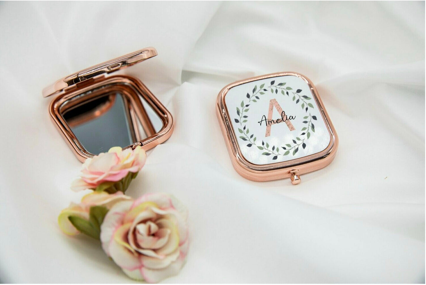 Personalised Initial and Name Square Rose Gold Compact Mirror