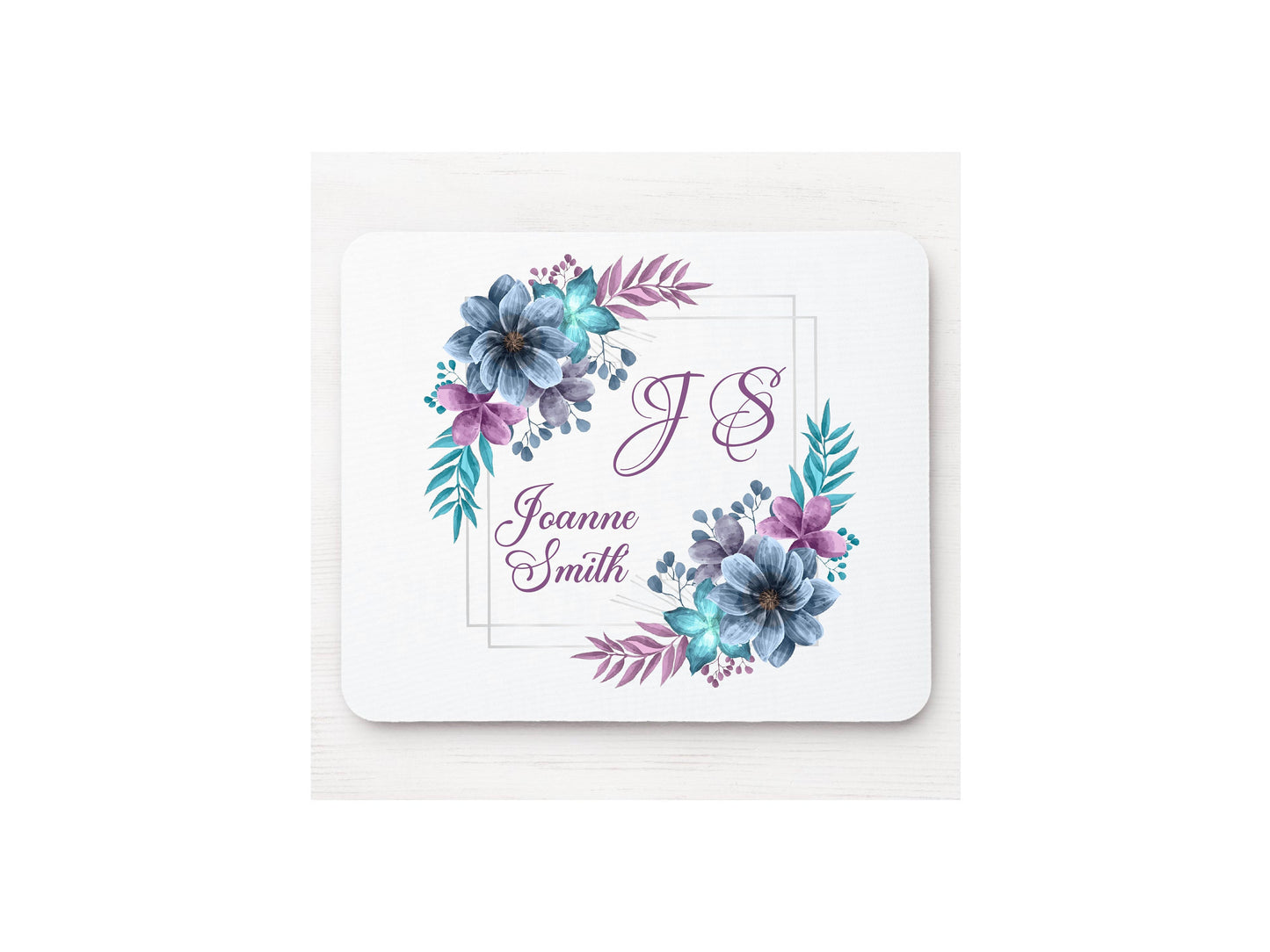 Personalised Purple Initial Name Floral Mouse Mat Rectangle