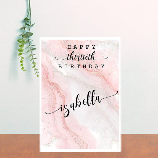 Personalised A5 Pink Marble Effect Birthday Card | Pink Birthday Card